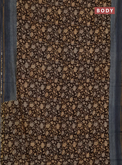 Chanderi silk cotton saree coffee brown and grey with allover prints and kantha stich work border