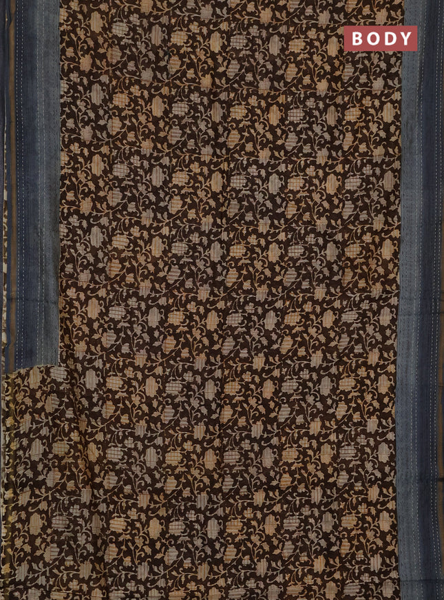 Chanderi silk cotton saree coffee brown and grey with allover prints and kantha stich work border