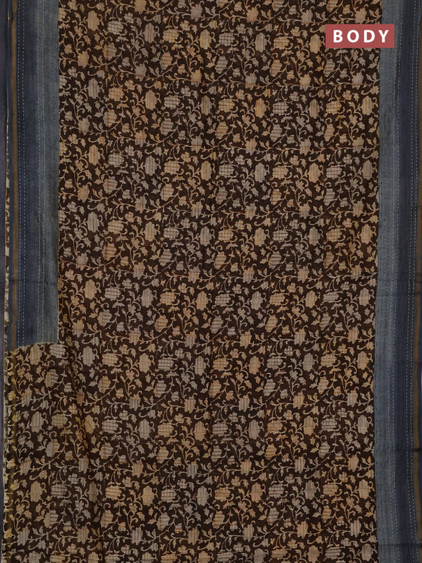 Chanderi silk cotton saree coffee brown and grey with allover prints and kantha stich work border