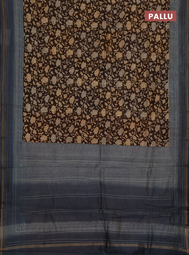 Chanderi silk cotton saree coffee brown and grey with allover prints and kantha stich work border