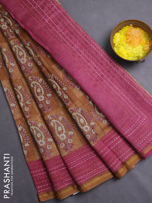 Chanderi silk cotton saree dark mustard and mauve pink with allover prints and kantha stich work border