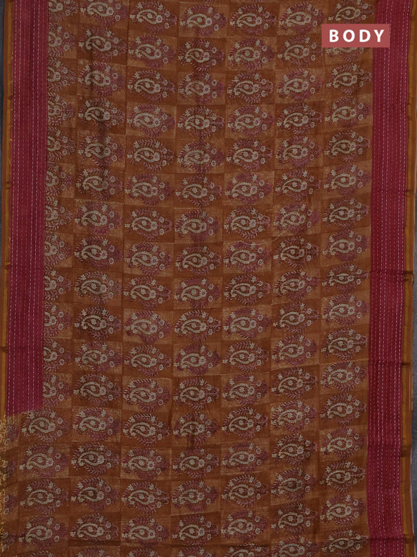 Chanderi silk cotton saree dark mustard and mauve pink with allover prints and kantha stich work border