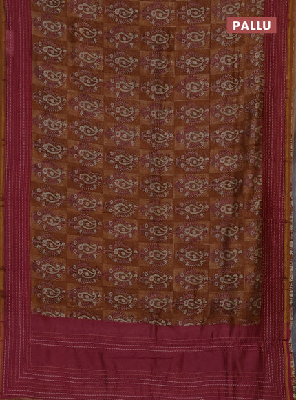 Chanderi silk cotton saree dark mustard and mauve pink with allover prints and kantha stich work border