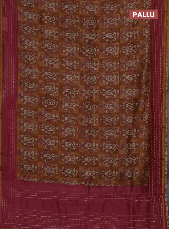 Chanderi silk cotton saree dark mustard and mauve pink with allover prints and kantha stich work border