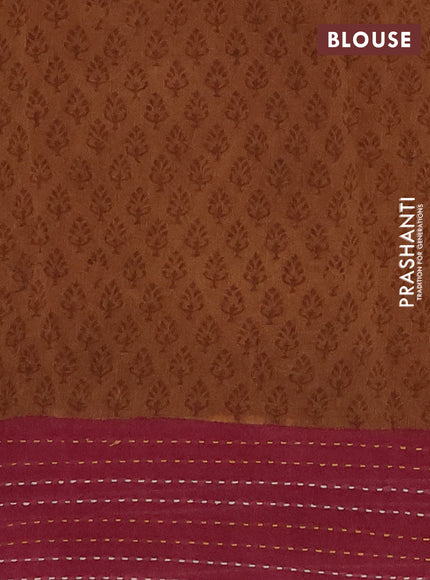 Chanderi silk cotton saree dark mustard and mauve pink with allover prints and kantha stich work border
