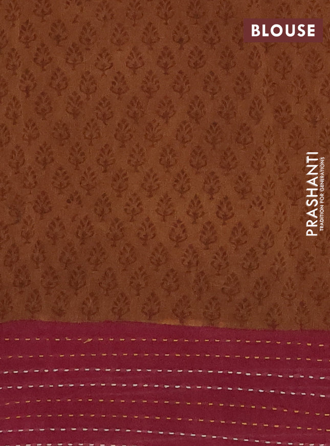 Chanderi silk cotton saree dark mustard and mauve pink with allover prints and kantha stich work border