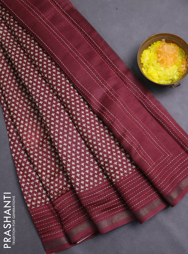 Chanderi silk cotton saree deep maroon with allover prints and kantha stich work border