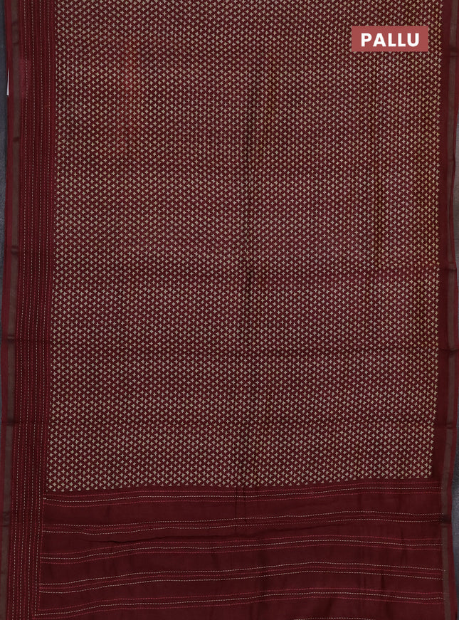 Chanderi silk cotton saree deep maroon with allover prints and kantha stich work border