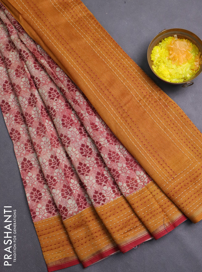 Chanderi silk cotton saree maroon and mustard yellow with allover prints and kantha stich work border