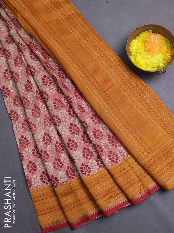 Chanderi silk cotton saree maroon and mustard yellow with allover prints and kantha stich work border