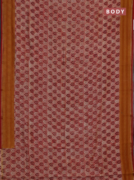 Chanderi silk cotton saree maroon and mustard yellow with allover prints and kantha stich work border