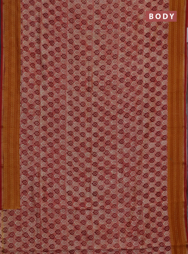 Chanderi silk cotton saree maroon and mustard yellow with allover prints and kantha stich work border