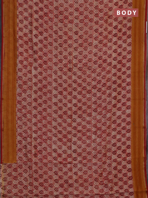 Chanderi silk cotton saree maroon and mustard yellow with allover prints and kantha stich work border