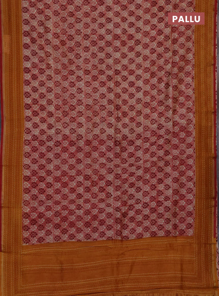 Chanderi silk cotton saree maroon and mustard yellow with allover prints and kantha stich work border