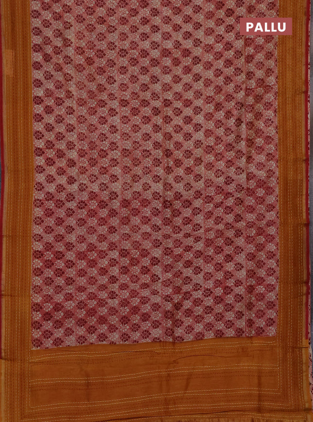 Chanderi silk cotton saree maroon and mustard yellow with allover prints and kantha stich work border