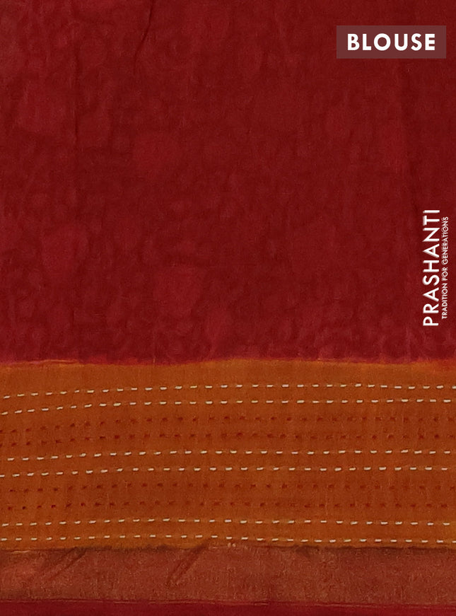 Chanderi silk cotton saree maroon and mustard yellow with allover prints and kantha stich work border