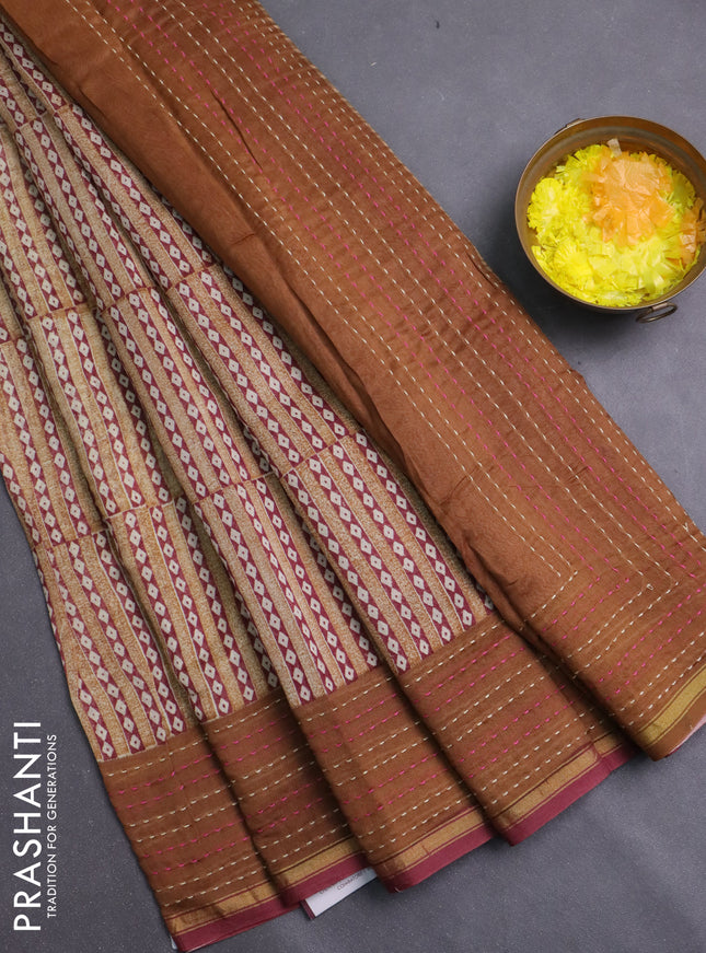 Chanderi silk cotton saree dark mustard with allover geometric prints and kantha stich work border