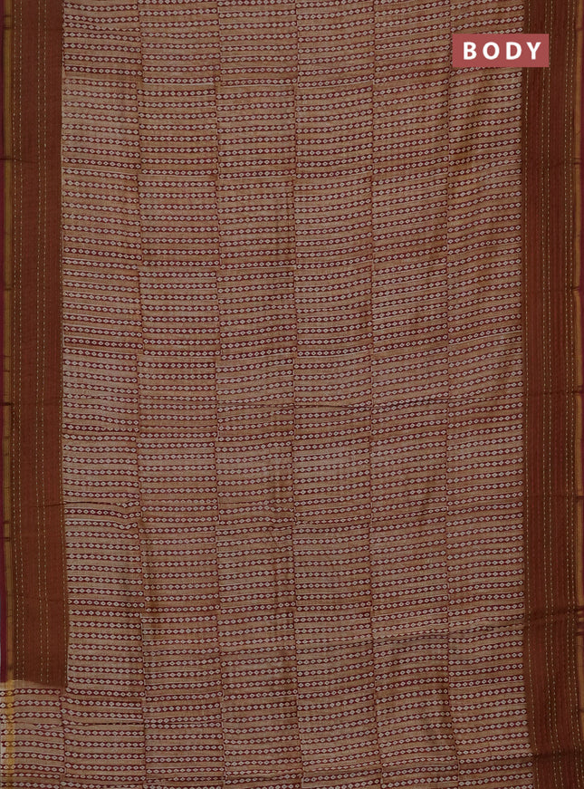 Chanderi silk cotton saree dark mustard with allover geometric prints and kantha stich work border