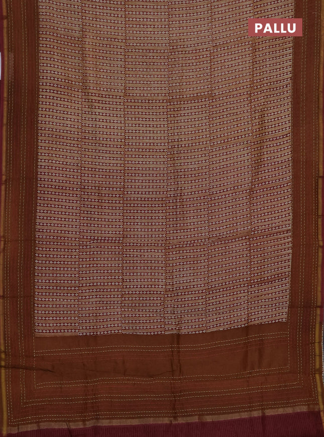Chanderi silk cotton saree dark mustard with allover geometric prints and kantha stich work border