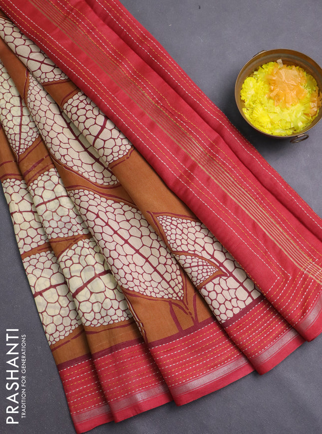 Chanderi silk cotton saree dark mustard and pink with allover prints and kantha stich work border