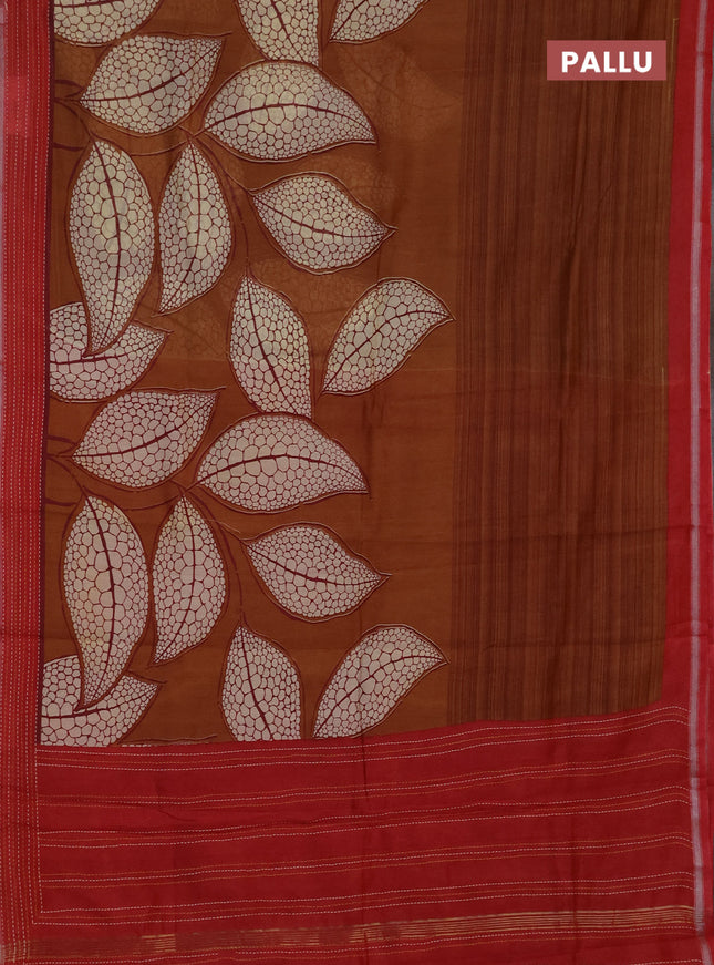 Chanderi silk cotton saree dark mustard and pink with allover prints and kantha stich work border