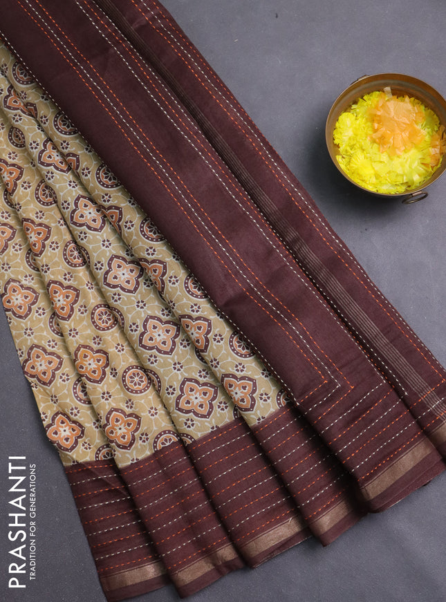 Chanderi silk cotton saree sandal and coffee brown with allover geometric prints and kantha stich work border
