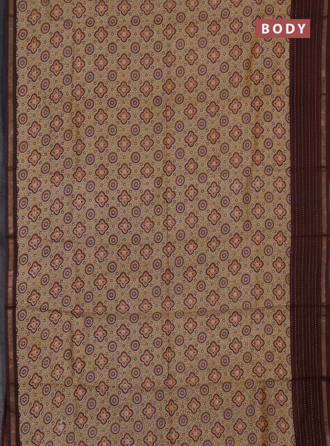 Chanderi silk cotton saree sandal and coffee brown with allover geometric prints and kantha stich work border