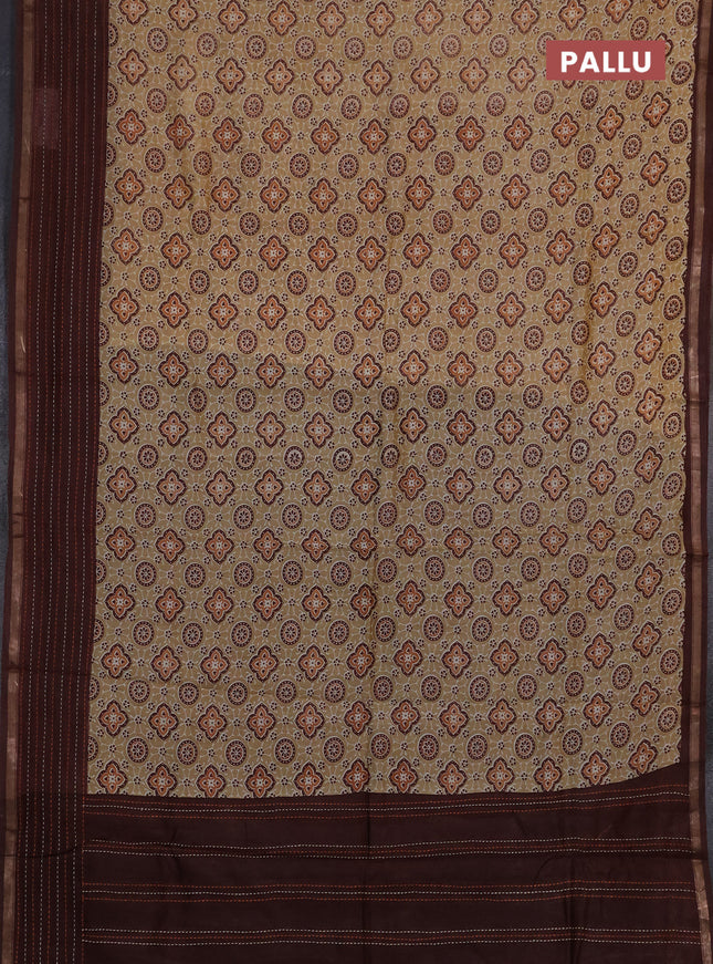 Chanderi silk cotton saree sandal and coffee brown with allover geometric prints and kantha stich work border
