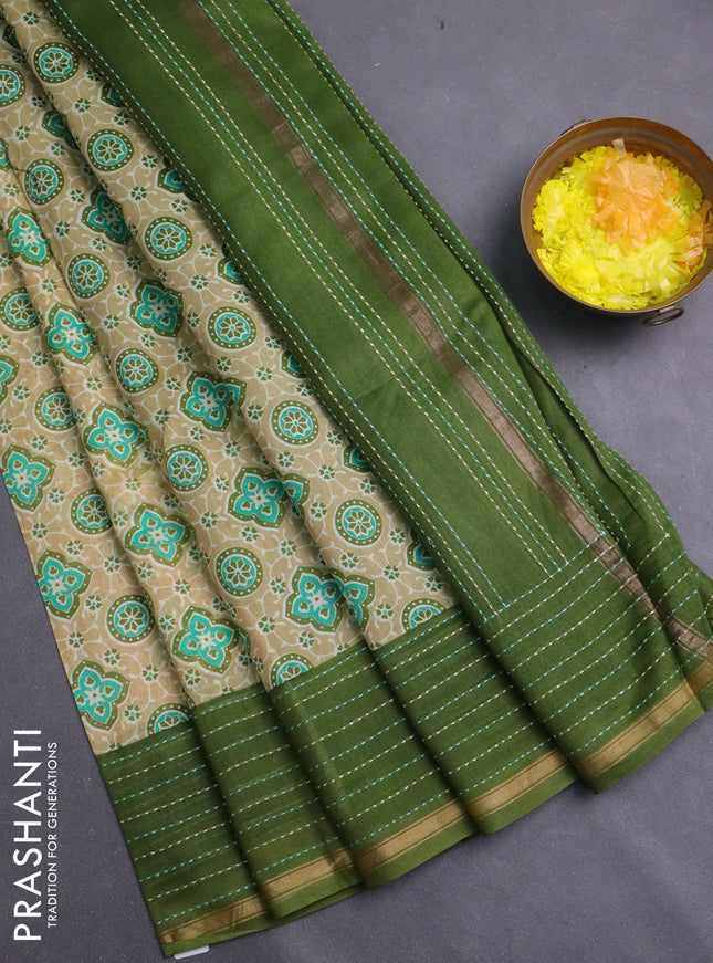 Chanderi silk cotton saree sandal and sap green with allover geometric prints and kantha stich work border