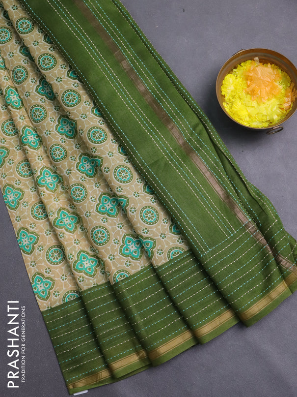 Chanderi silk cotton saree sandal and sap green with allover geometric prints and kantha stich work border