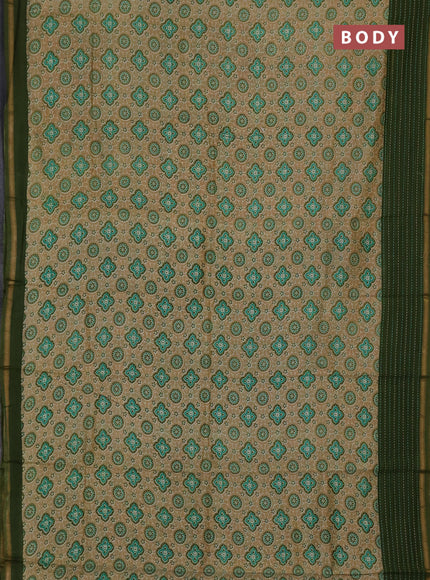 Chanderi silk cotton saree sandal and sap green with allover geometric prints and kantha stich work border
