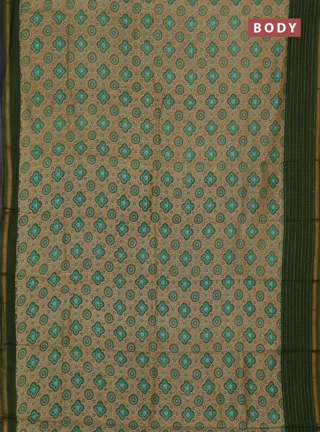 Chanderi silk cotton saree sandal and sap green with allover geometric prints and kantha stich work border