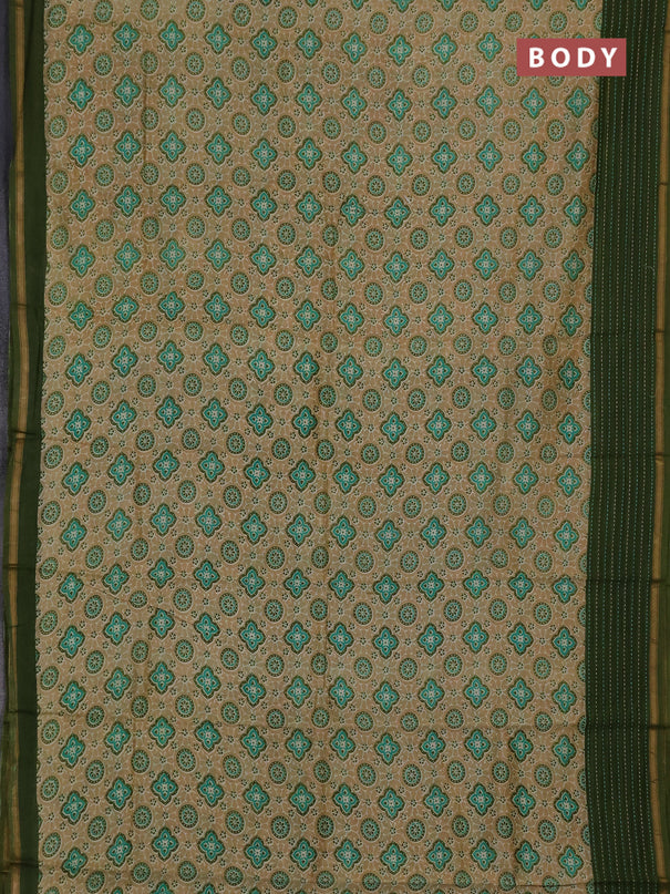 Chanderi silk cotton saree sandal and sap green with allover geometric prints and kantha stich work border