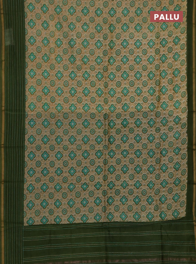 Chanderi silk cotton saree sandal and sap green with allover geometric prints and kantha stich work border