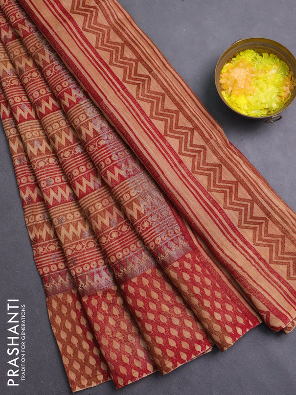Chanderi silk cotton saree dark mustard and maroon with allover prints & woven buttas and banarasi style border