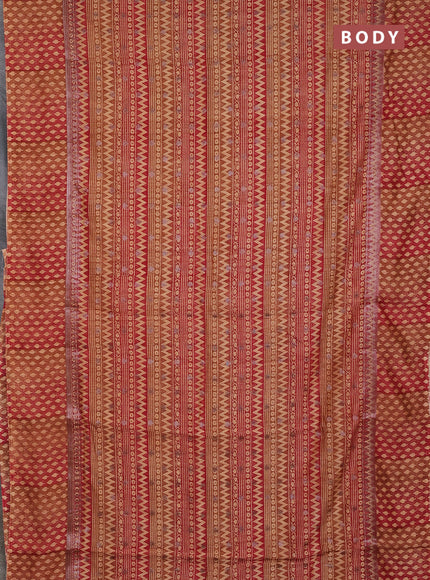 Chanderi silk cotton saree dark mustard and maroon with allover prints & woven buttas and banarasi style border