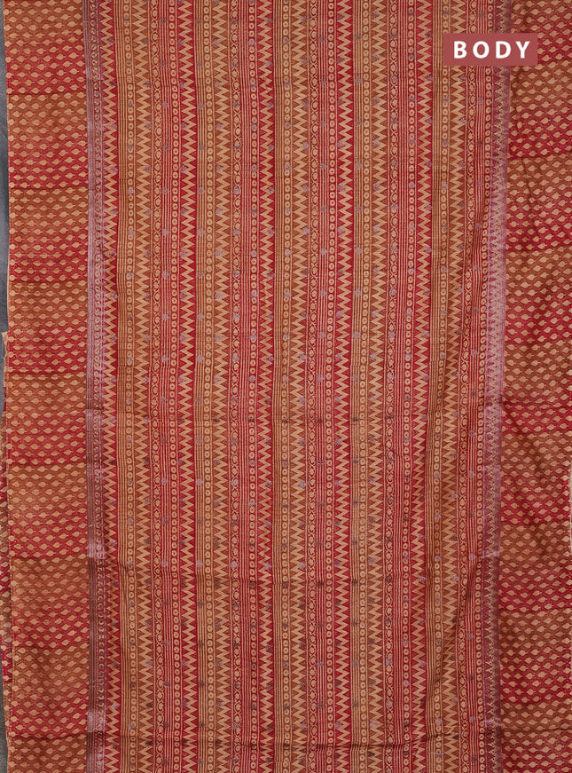 Chanderi silk cotton saree dark mustard and maroon with allover prints & woven buttas and banarasi style border