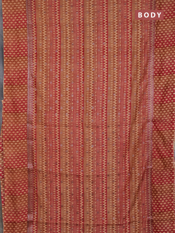 Chanderi silk cotton saree dark mustard and maroon with allover prints & woven buttas and banarasi style border
