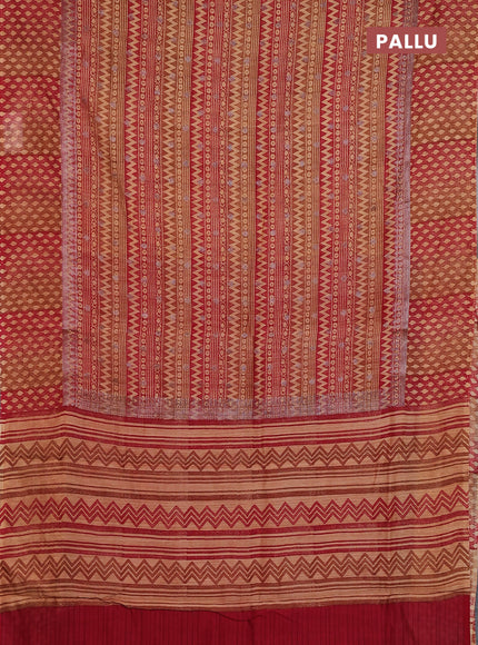 Chanderi silk cotton saree dark mustard and maroon with allover prints & woven buttas and banarasi style border