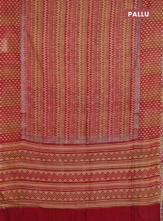 Chanderi silk cotton saree dark mustard and maroon with allover prints & woven buttas and banarasi style border