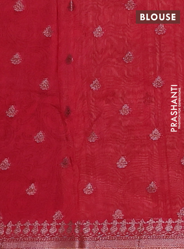Chanderi silk cotton saree dark mustard and maroon with allover prints & woven buttas and banarasi style border