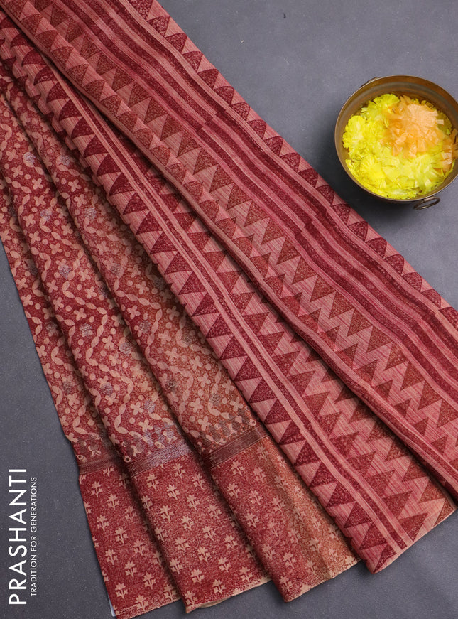 Chanderi silk cotton saree maroon with allover prints & woven buttas and banarasi style border
