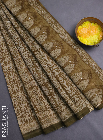 Chanderi silk cotton saree mehendi green and sap green with allover prints & mirror work and simple border