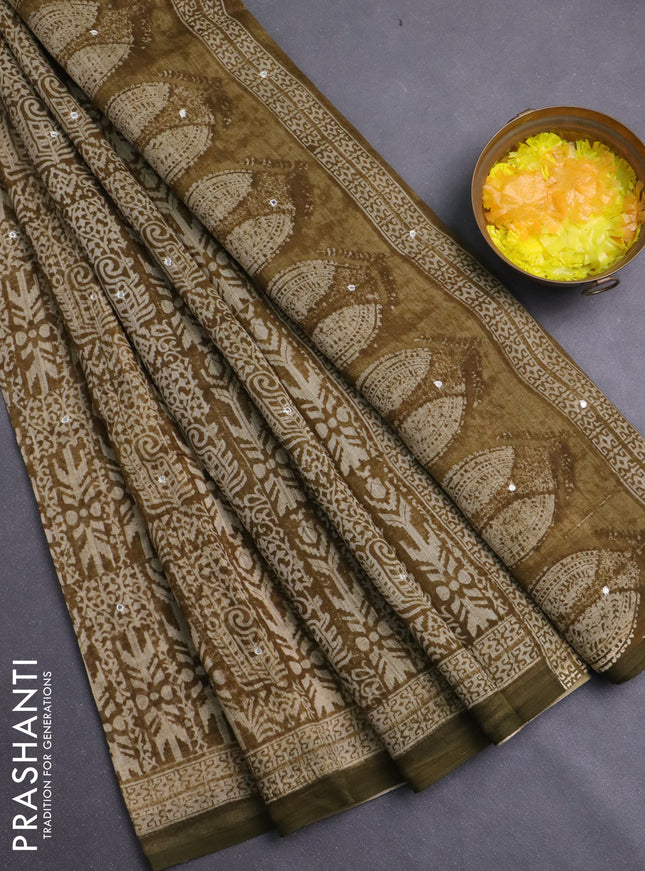 Chanderi silk cotton saree mehendi green and sap green with allover prints & mirror work and simple border