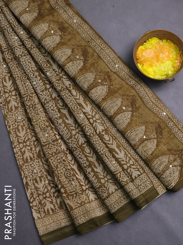 Chanderi silk cotton saree mehendi green and sap green with allover prints & mirror work and simple border