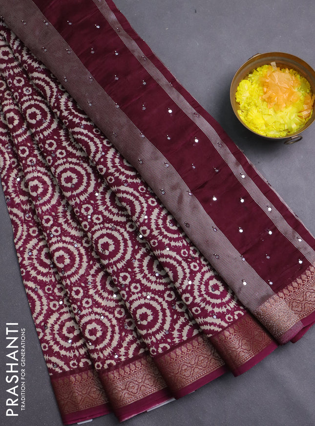 Chanderi silk cotton saree wine shade with allover prints & mirror work and banarasi style border