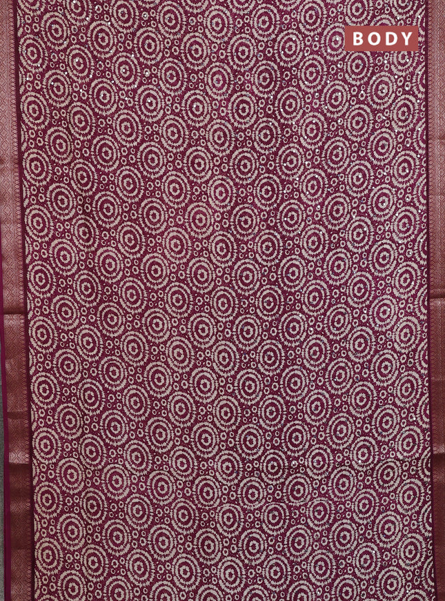 Chanderi silk cotton saree wine shade with allover prints & mirror work and banarasi style border