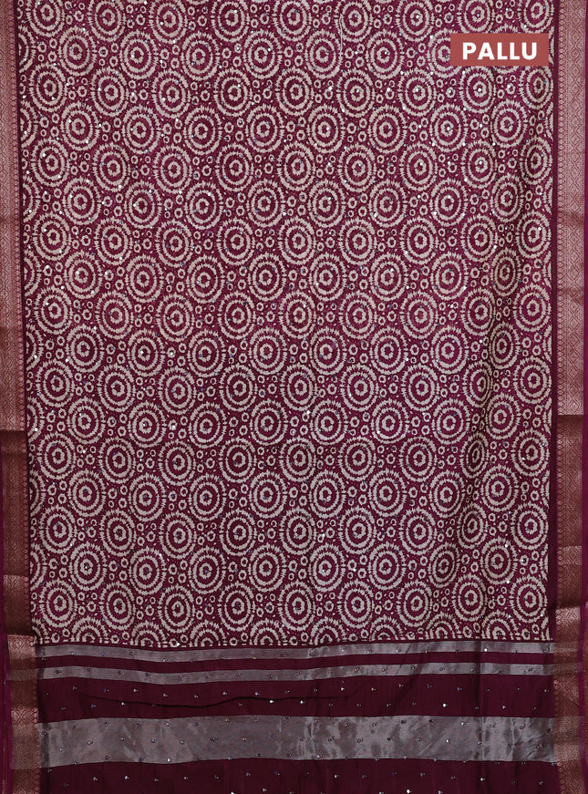 Chanderi silk cotton saree wine shade with allover prints & mirror work and banarasi style border