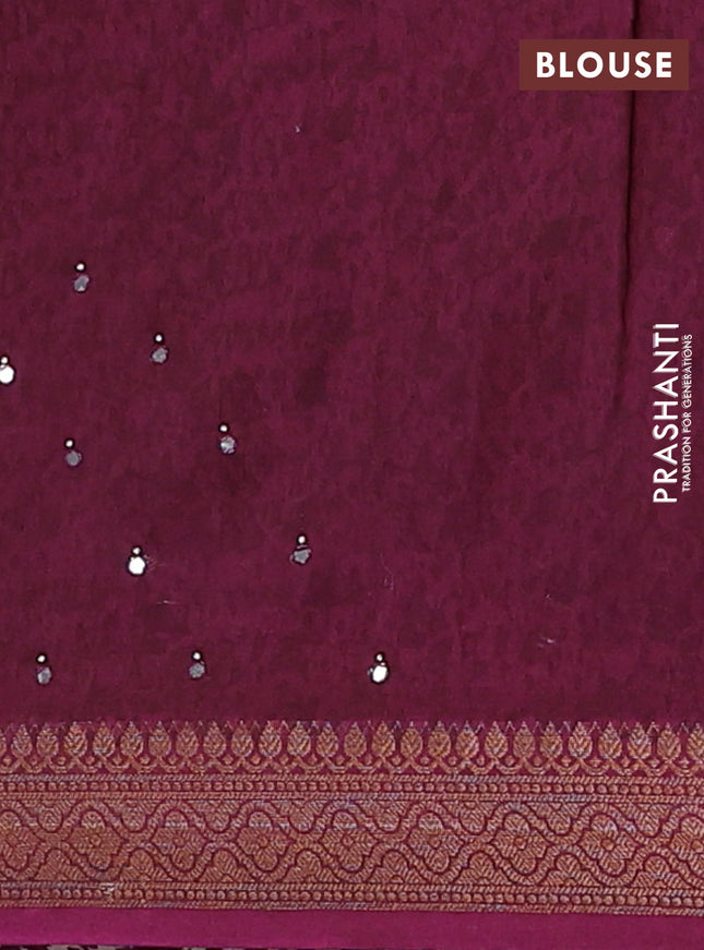 Chanderi silk cotton saree wine shade with allover prints & mirror work and banarasi style border