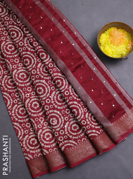 Chanderi silk cotton saree maroon with allover prints & mirror work and banarasi style border